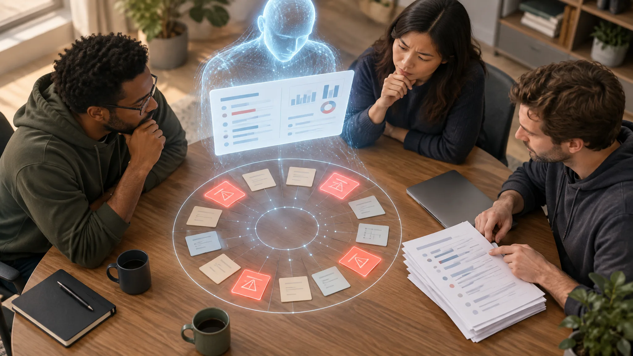 Three colleagues at a table study a ring of cards projected by an AI figure, four of them glowing red with warning signs, while one checks the cards against a stack of paper notes.