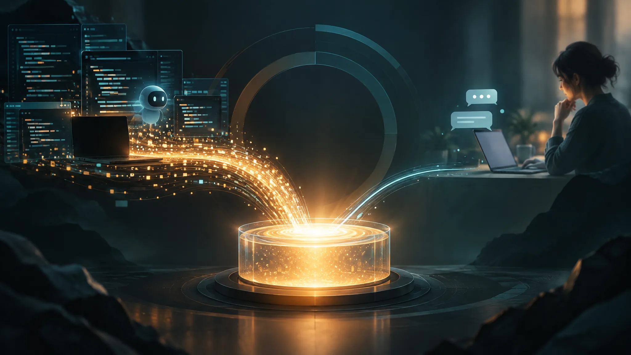 Two streams of light pour into one glowing reservoir: a thick stream from code panels and a laptop on the left, and a thin one from chat bubbles beside a person at a laptop on the right.
