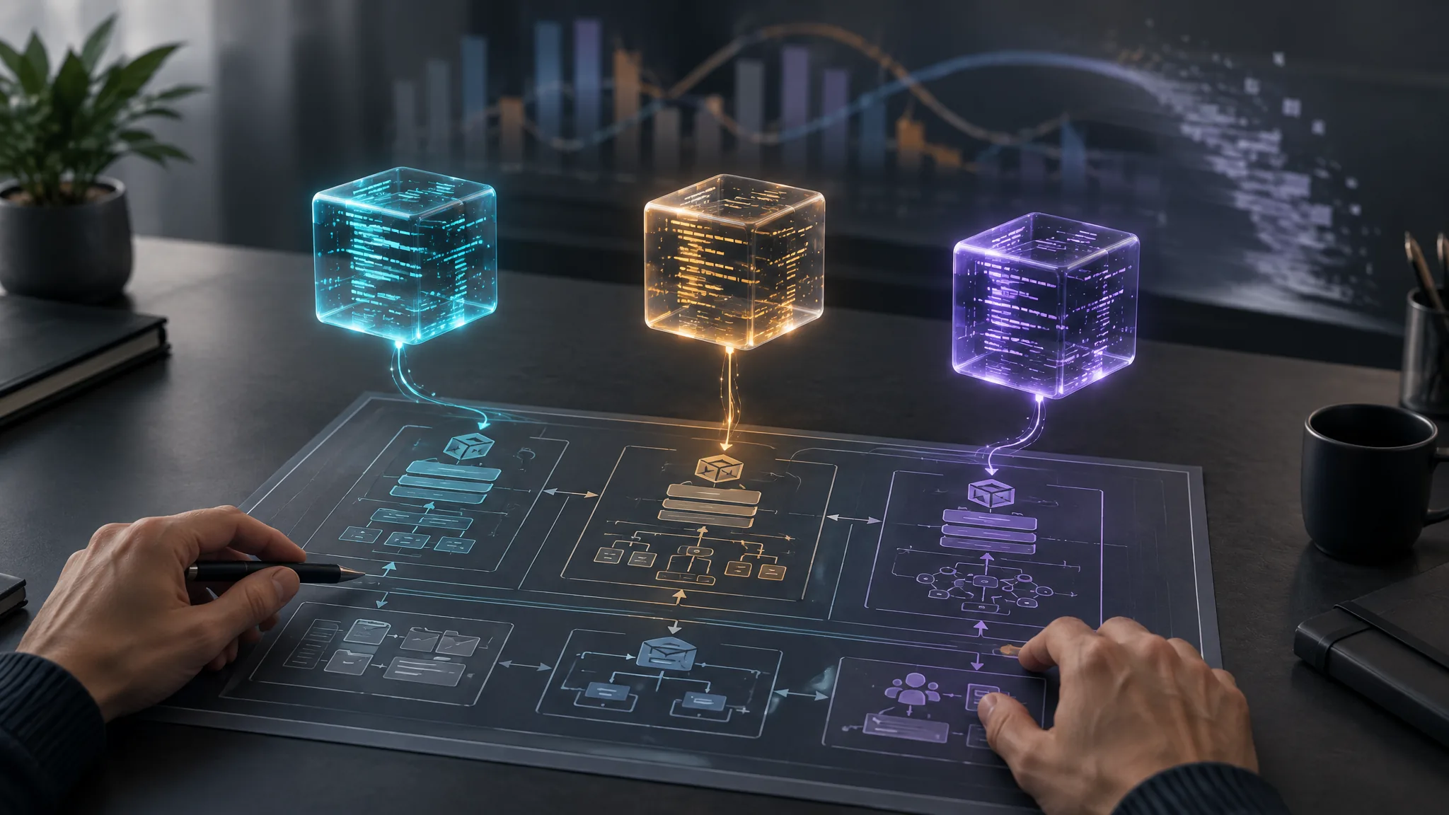 Three glowing cubes in blue, amber and purple feed into a blueprint of structural diagrams on a desk, with faded bar charts dissolving in the background.