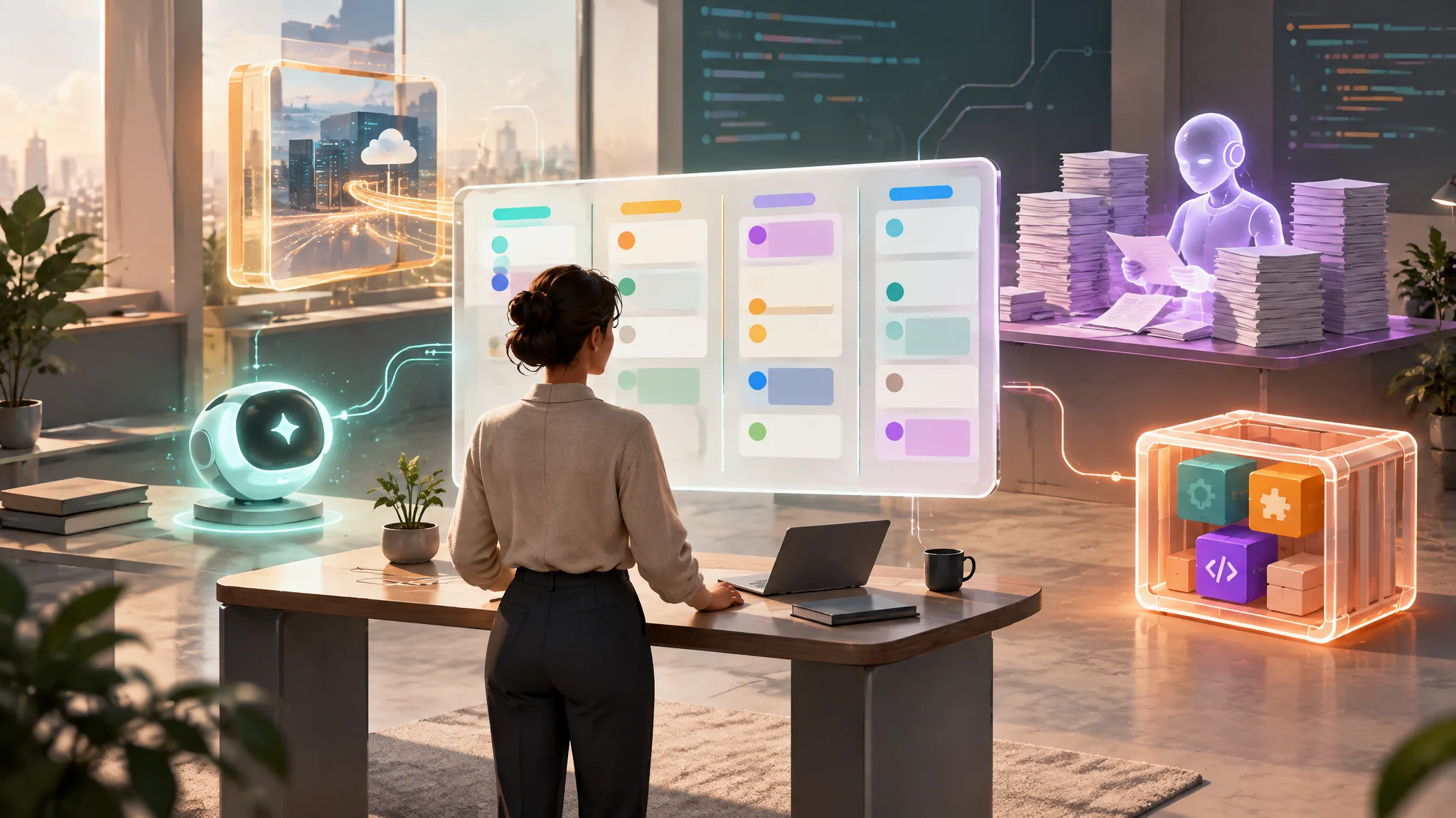 A Scrum Master at a desk faces a glowing sprint board. Around her: a panel reaching to the cloud, a small assistant, a figure reading paper stacks at its own desk, and a crate of building blocks.