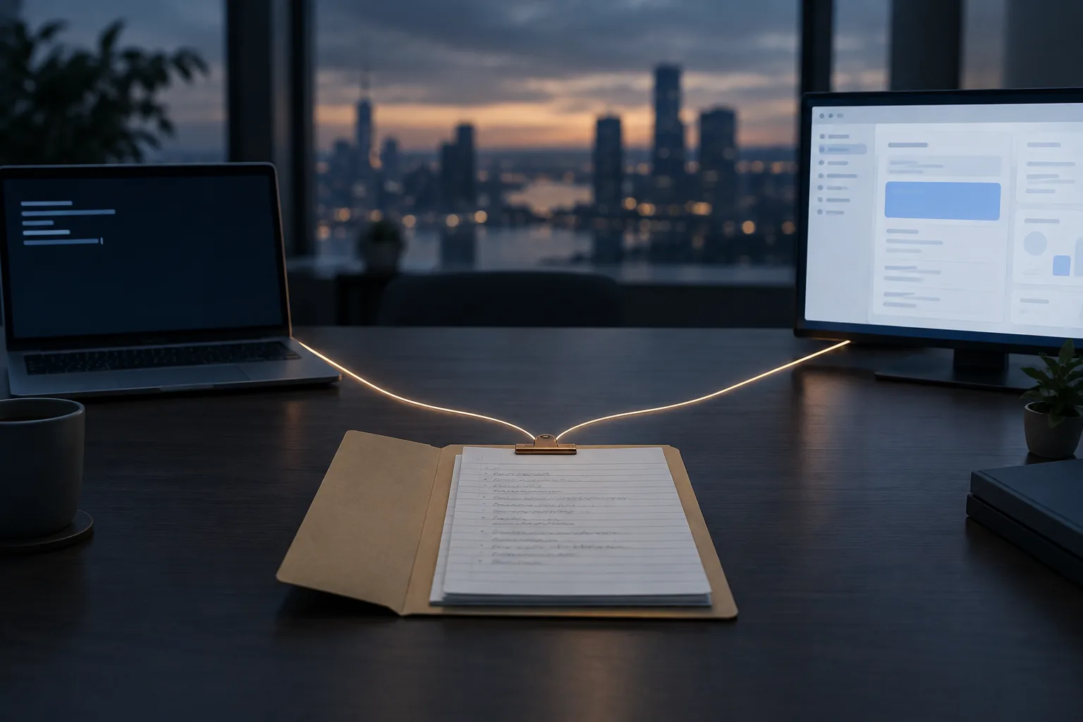 A dark desk at dusk with a laptop showing a terminal on the left and a monitor showing an app window on the right. Two thin threads of light run from both screens to one open folder of handwritten standup notes in the centre.