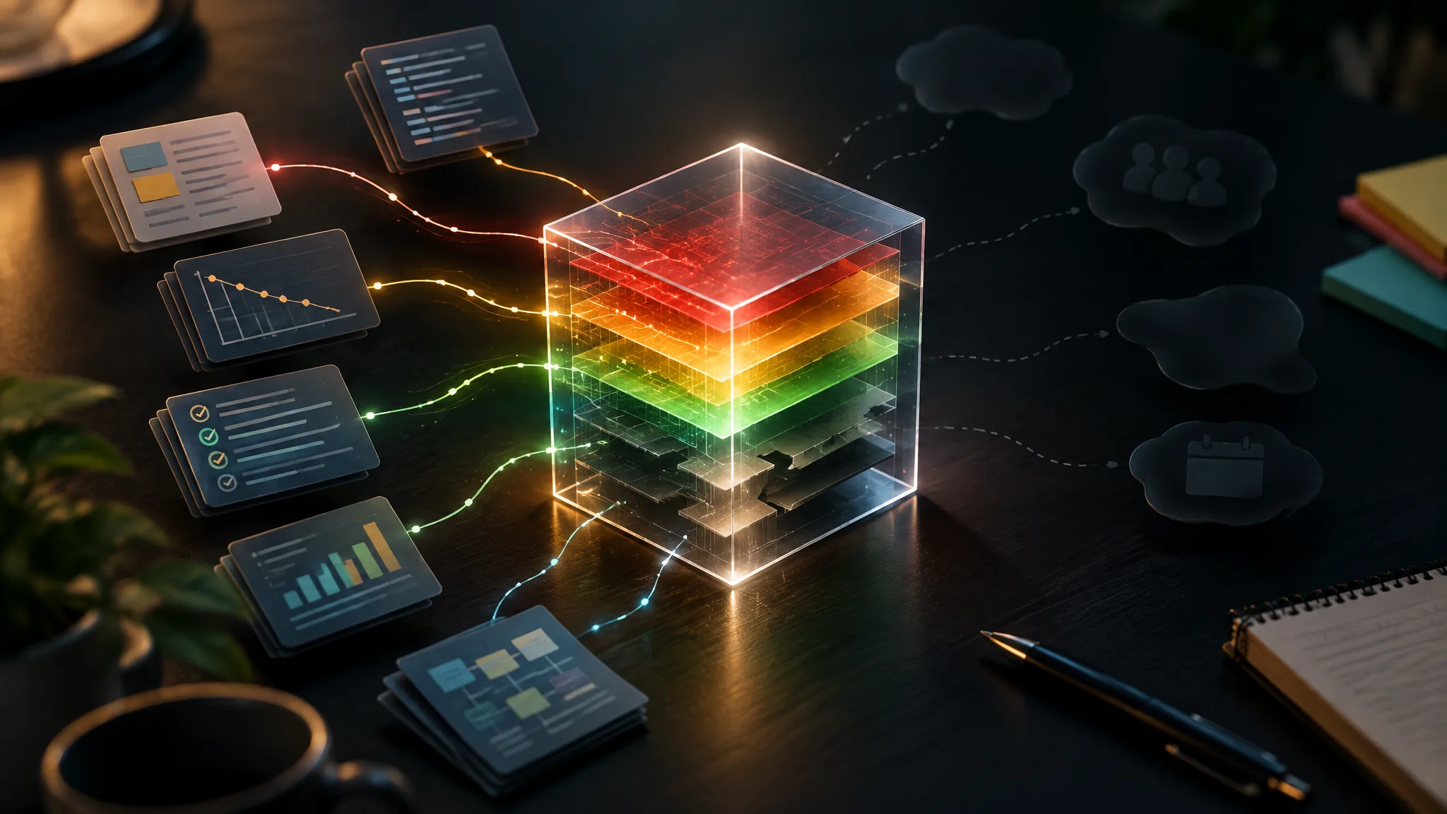 Project document cards on a dark desk feed glowing lines into a glass cube layered red, amber, green and grey, while dashed arrows lead away to shapes of people and a calendar the cube cannot see.