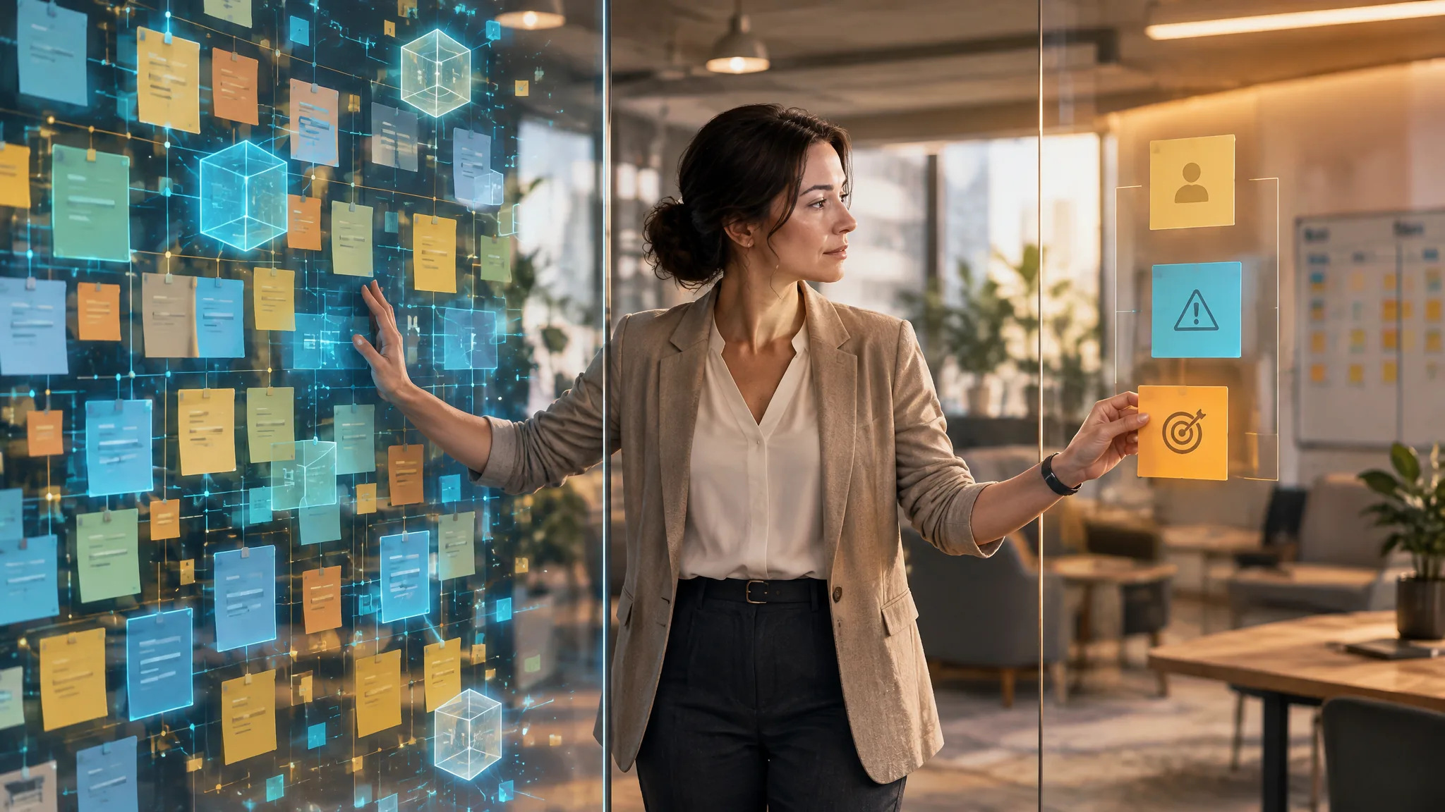 A professional stands between a glowing wall of sticky notes and three cards she holds apart, showing a person, a warning sign and a target.