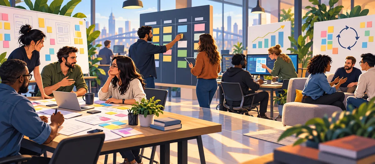 A product team planning work around a sticky-note sprint board in a bright open office