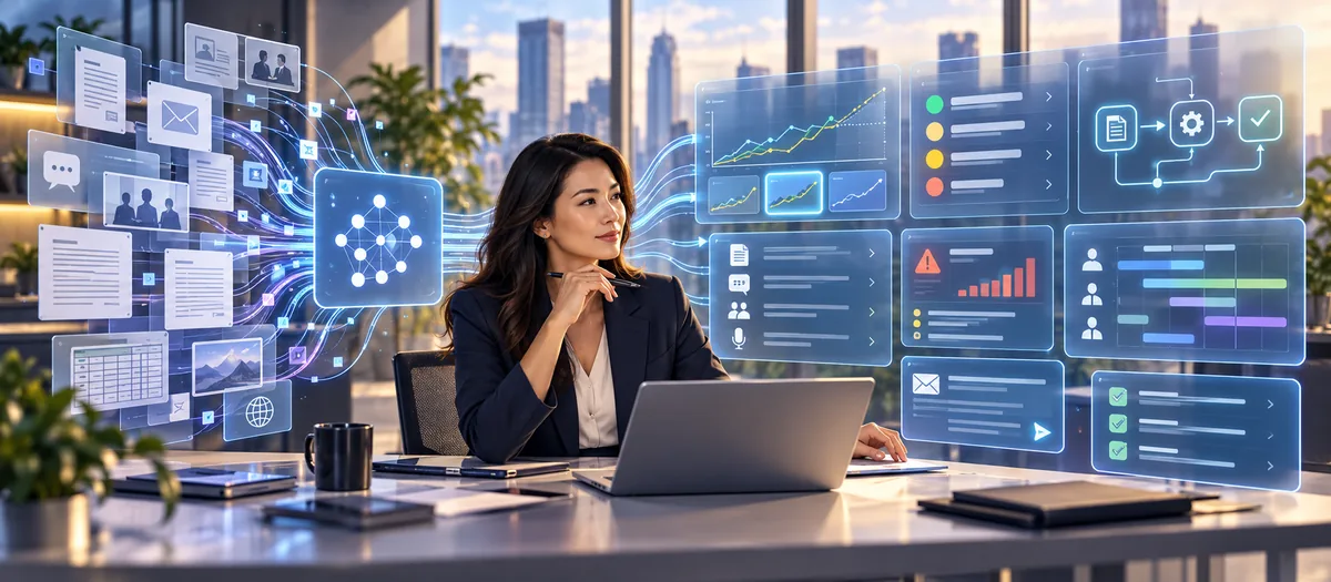 A manager at a laptop surrounded by AI-assisted analysis, planning and document panels