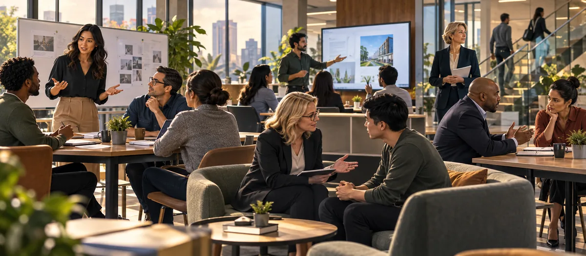 Colleagues in coaching conversations and a team discussion in a modern workplace