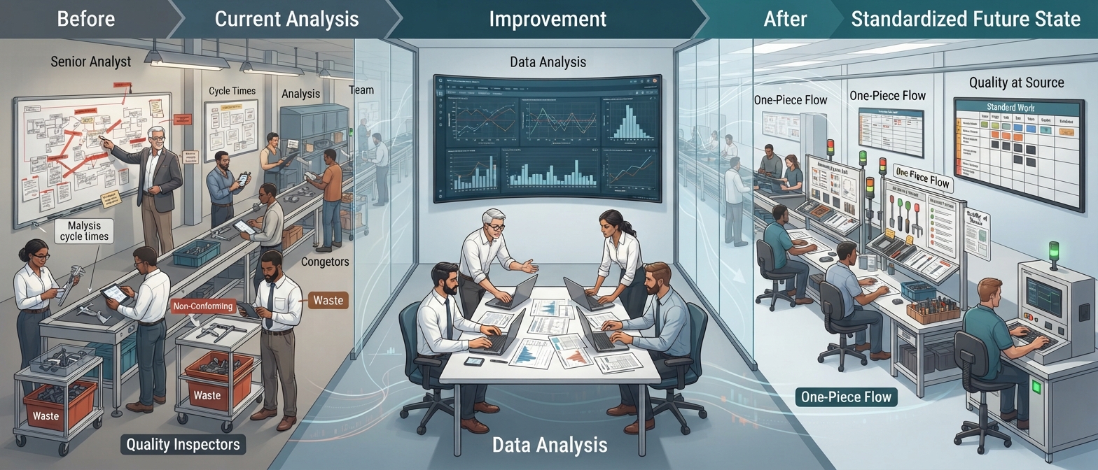 An improvement team analysing a process map on a manufacturing floor