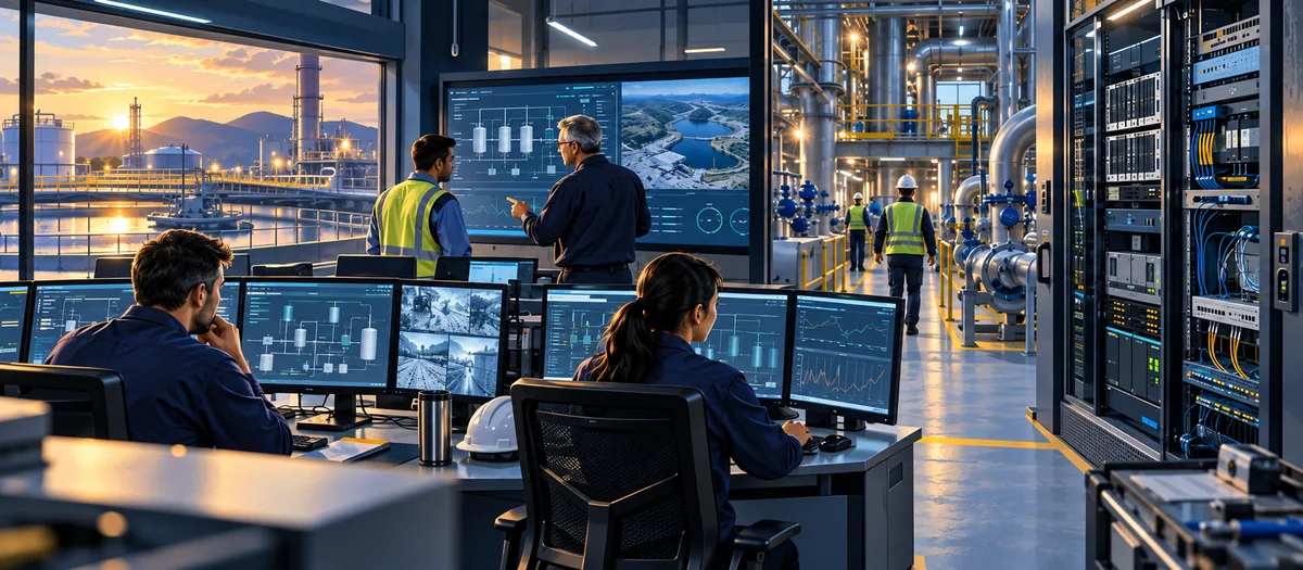 Engineers monitoring an industrial control room beside a process plant and network racks