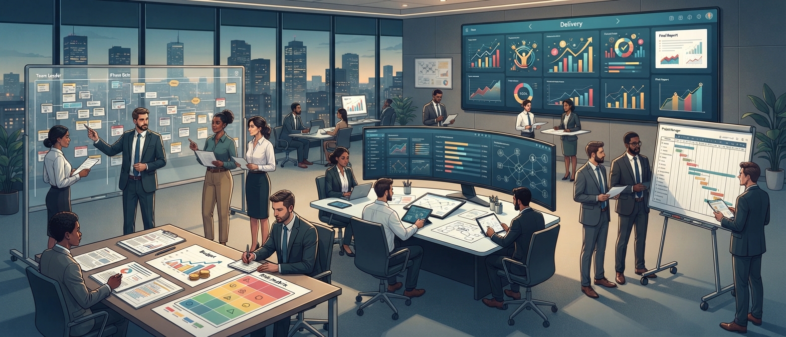 A project team working through a schedule board, plans and dashboards