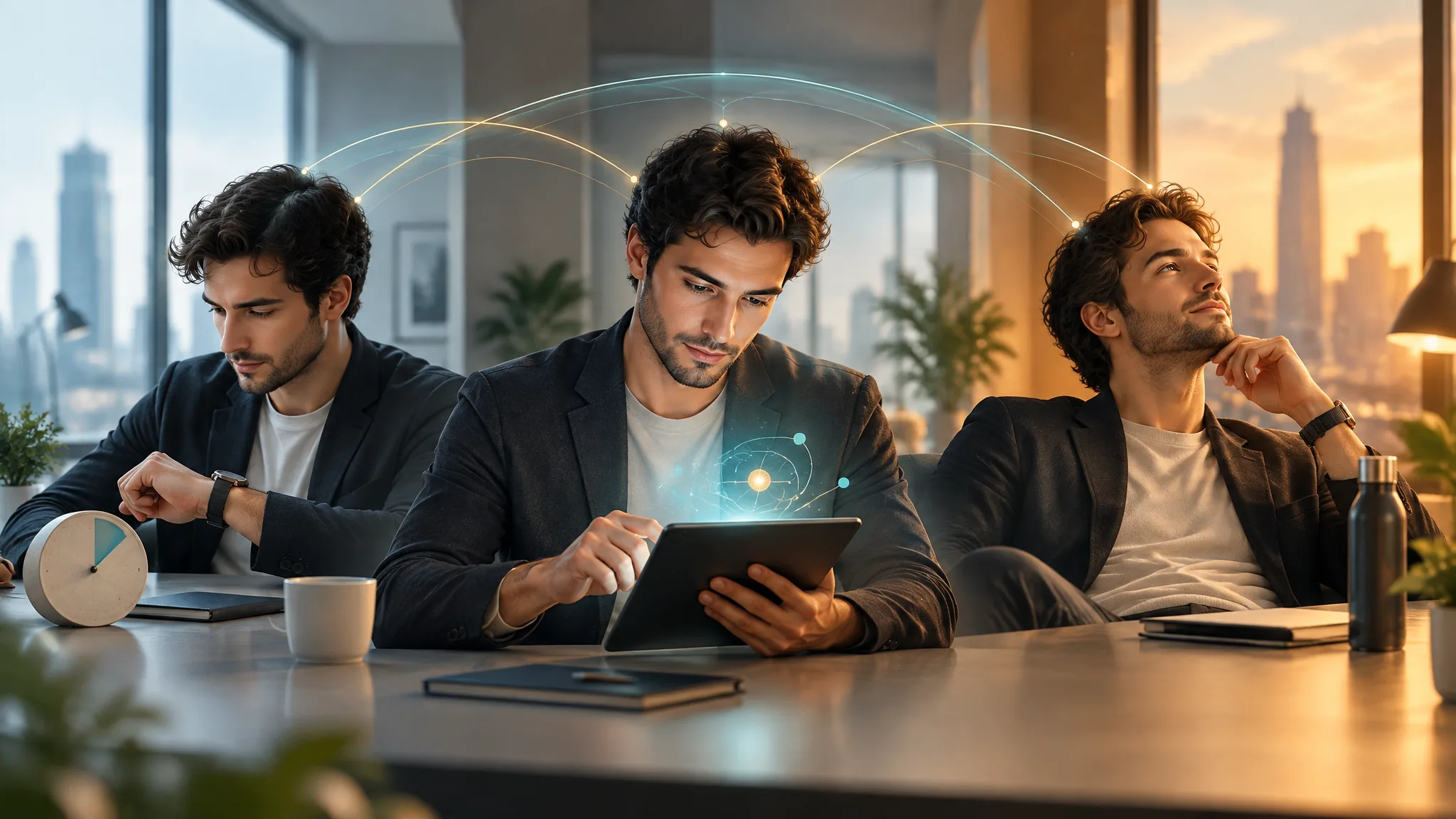Three professionals at an office table by a city window, one checking a small clock, one studying on a tablet, one pausing to think, linked by a soft arc of light