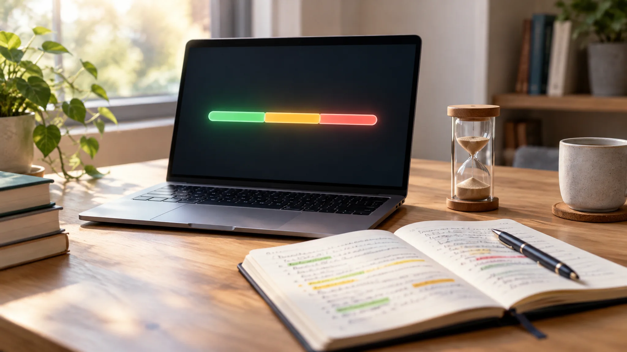 A laptop on a sunlit desk showing a green, amber and red progress bar, beside an hourglass and an open notebook with colour-marked notes