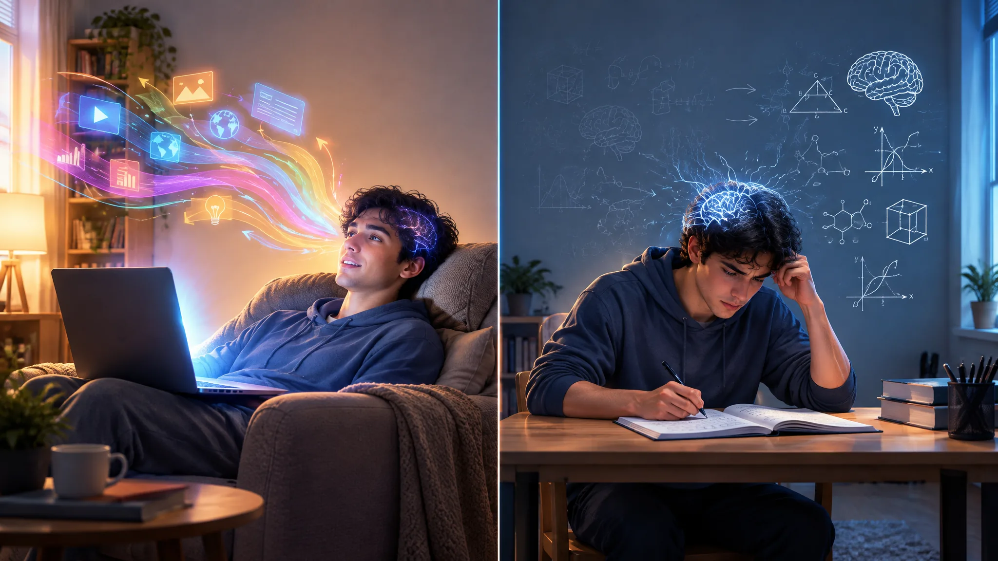 Split scene of the same learner: on the left relaxed on a sofa with a laptop as colourful video thumbnails drift past, on the right at a desk at night writing in a notebook with diagrams on the wall behind