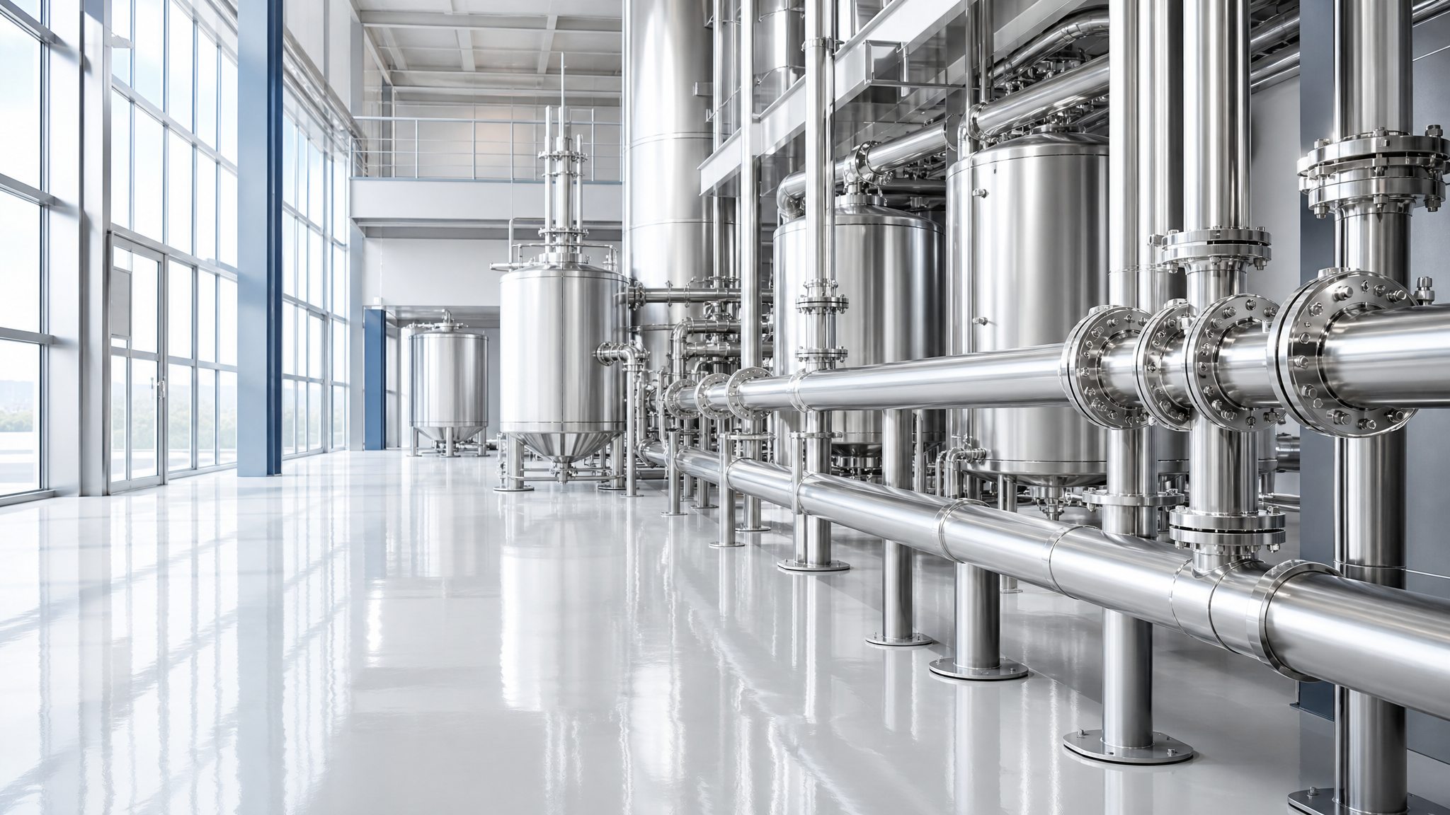 A bright modern process facility interior with polished stainless steel pipework and vessels running in clean lines under daylight