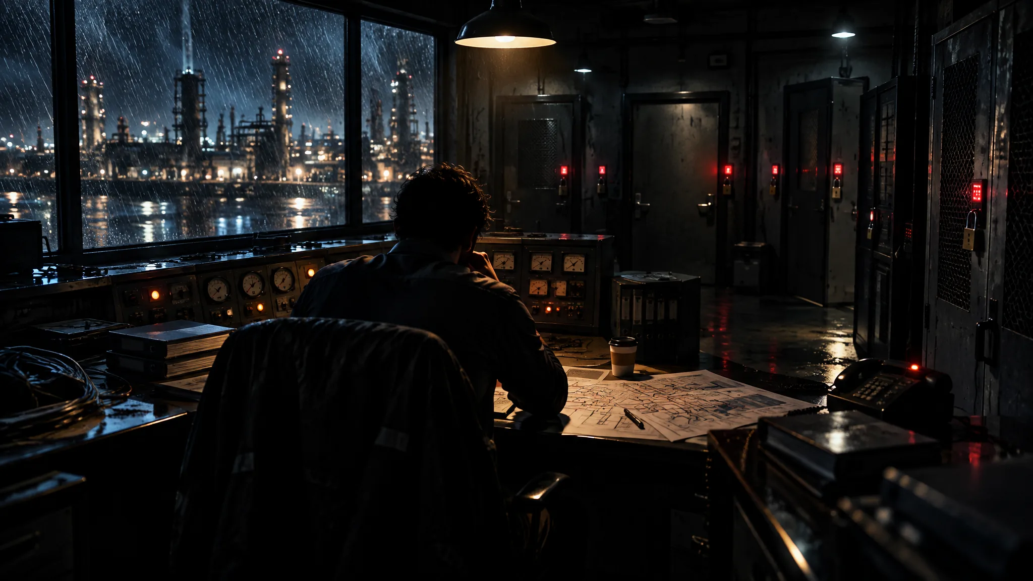 A lone responder sits with his back to the viewer in a dark control room at night, rain streaking the window over a lit industrial plant, while padlocked doors with red keypad lights line the wall and a desk phone glows unanswered