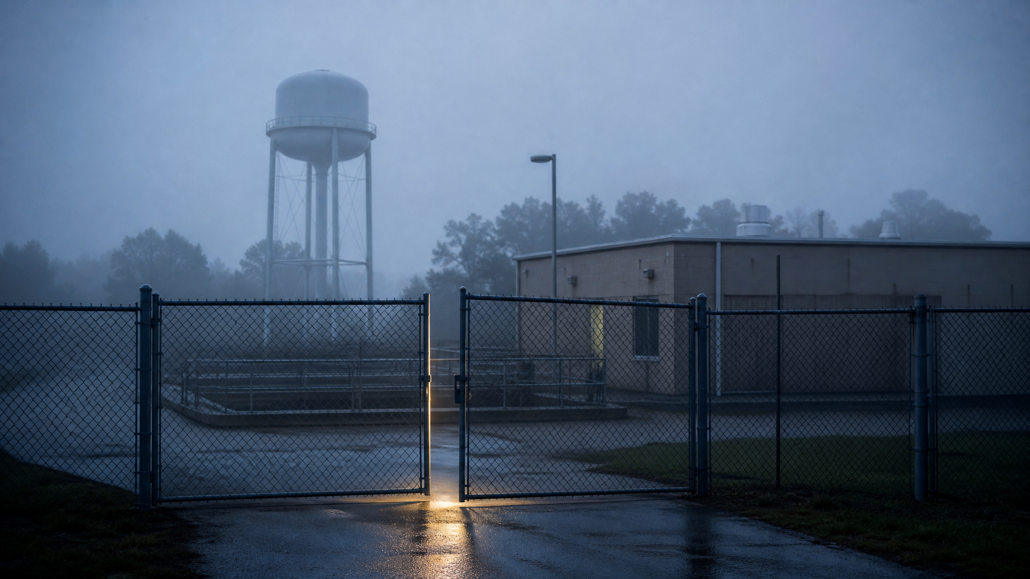 A small municipal water treatment facility at dawn with a chain-link gate left slightly ajar