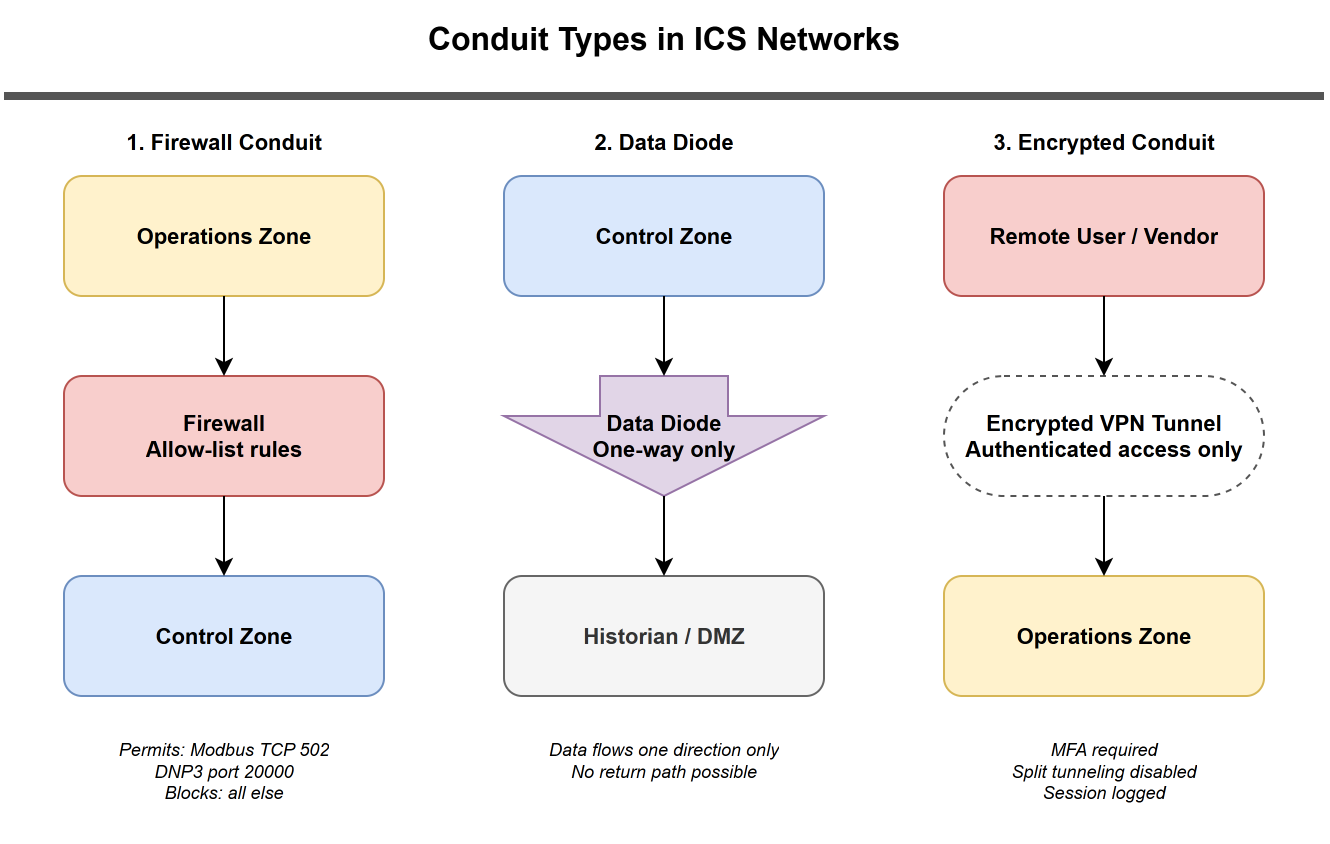 Three-plant conduit diagram: Enterprise Conduit spanning across plant business networks (red), Plant Control Conduit within each plant's control system (purple), with firewalls enforcing each boundary