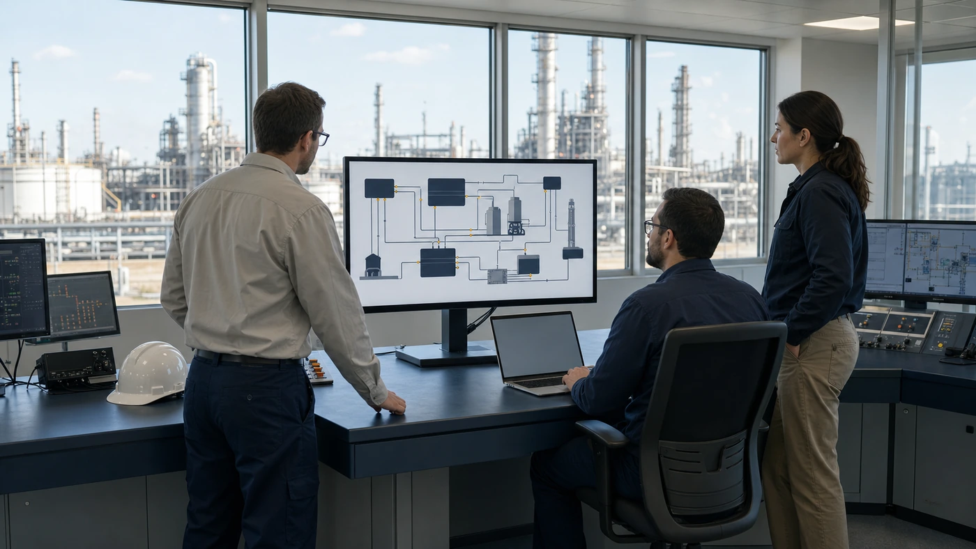 A controls engineer, an IT security professional and an operations lead reviewing a plant network diagram together in a refinery control room